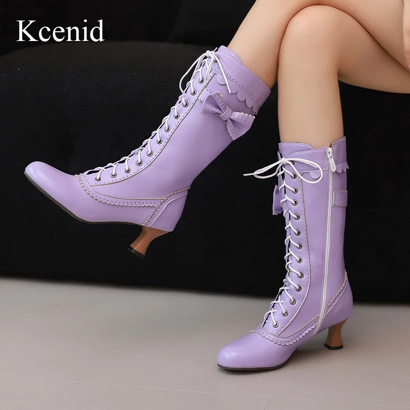 

Kcenid Elegant Women Vintage Princess Lolita Mid Calf Boots Fashion Butterfly-knot Lace up Wedding Modern Boots Big Size 35-50