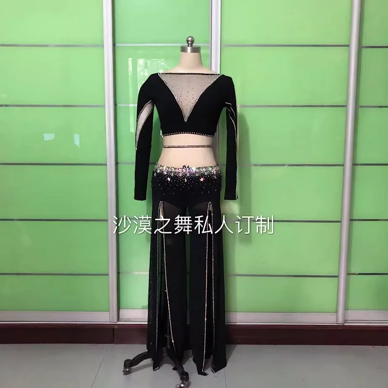 تخصيص ملابس الرقص الشرقي أداء زي الجاز السراويل السوداء مجموعة Abanicos De Seda الرقص الشرقي