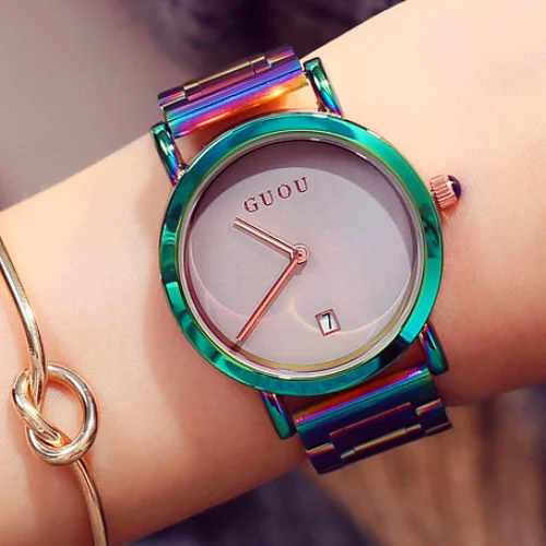 Fashion Guou Top Brand Wrist Watches Colorful Stainelss Steel Watch Women Luxury Women's Clock Saat Relogio Feminino