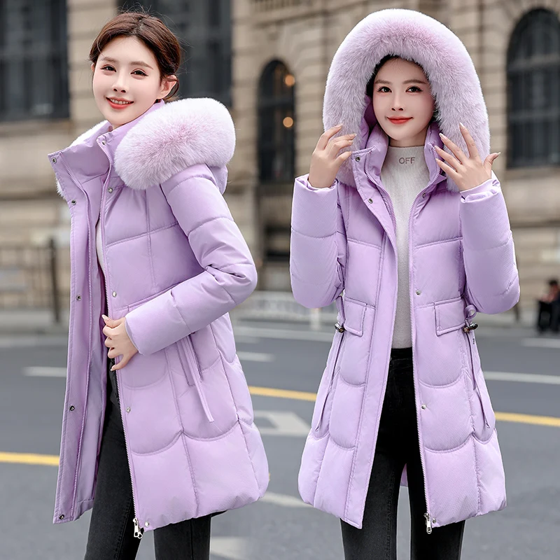 

Women's Winter Puffer Jaet Detachable Fur Collar Slim Fit Waist Cinched Mid-Length Cotton down Coat Korean Sle Long Sve