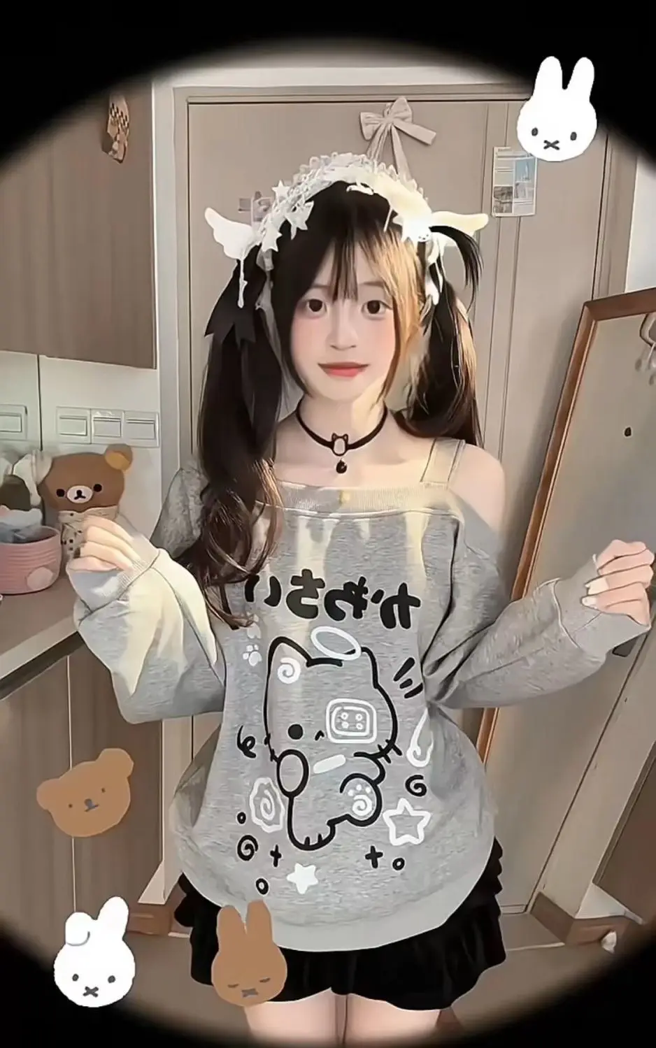 Japanisches Sweet Cat Off-Shoulder-Top, schwarz, Y2k-Grafik, Oversize-Langarm-One-Shoulder-T-Shirt für Damen, lockerer Schnitt, Frühling/Sommer – Detail 11