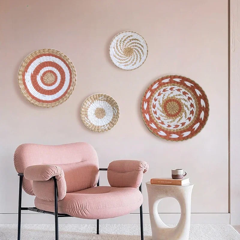 Creative Combination Wall Decoration Rattan Grass Weaving Straw Plate for Home Decor Bedroom Livingroom Background Decoration