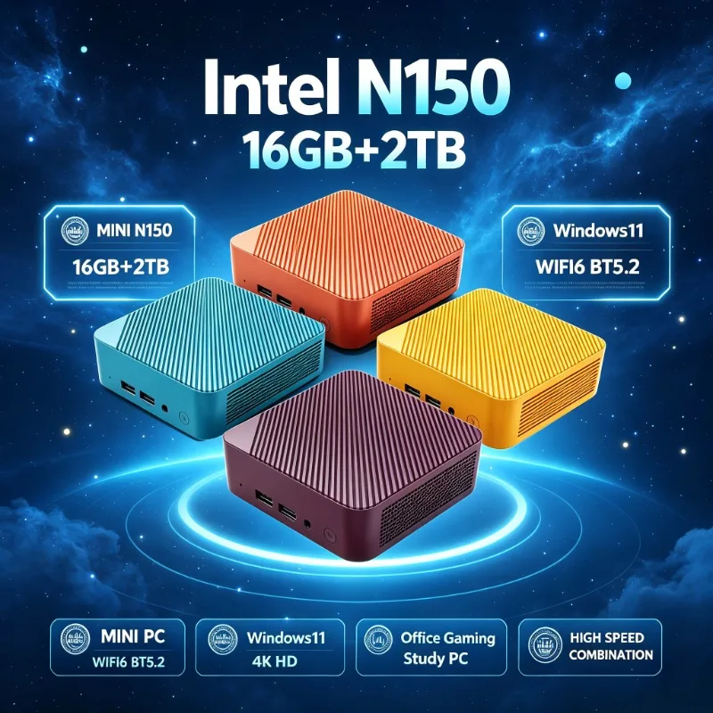 Portable Desktop Mini PC Intel N150 Windows 11 16GB RAM 1TB/2TB SSD WiFi6 BT5.2 Light Gaming Computer Host for Gamer Home Office