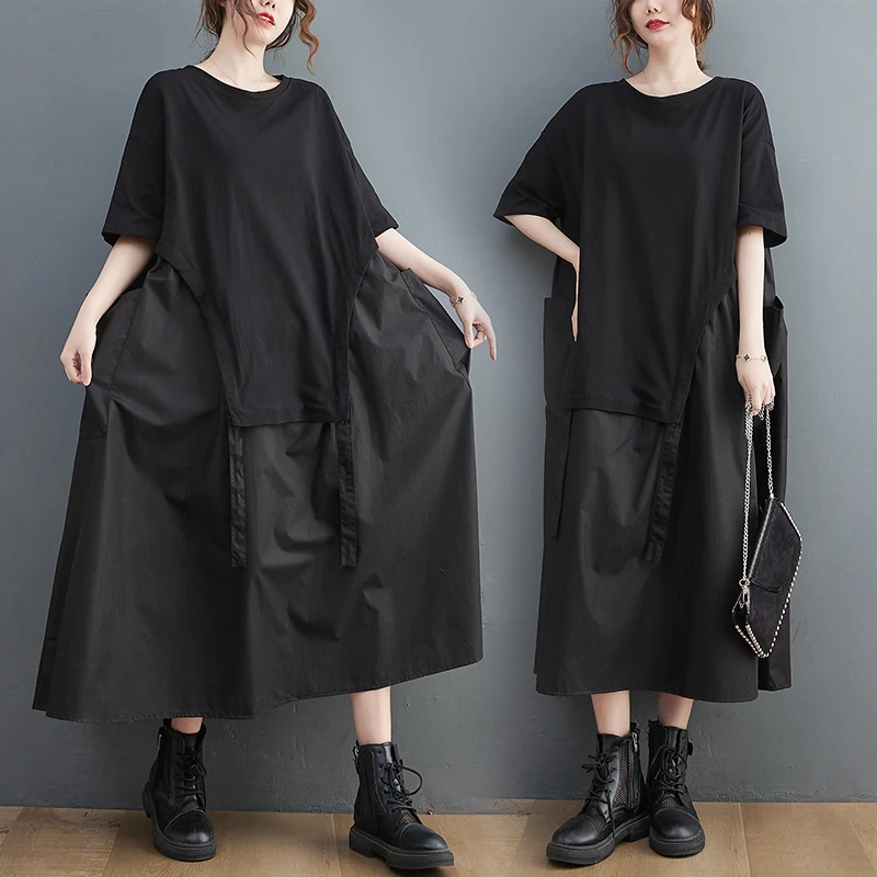 Summer Loose round Neck T-Shirt Patchwork Drawstring Large Pocket Midi Dress Comfortable Casual Style A-Line Silhouette