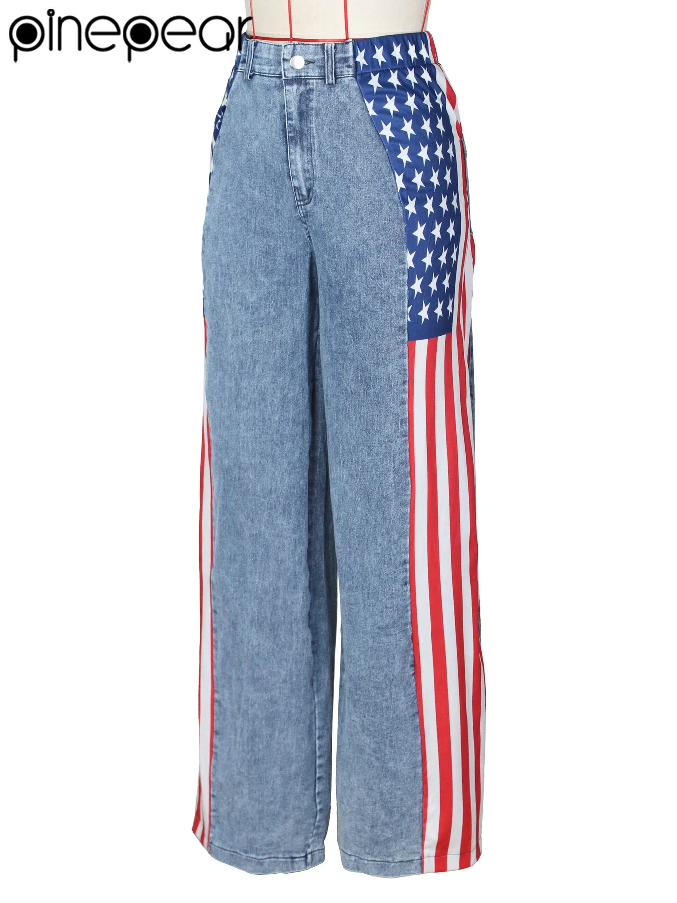 PinePear 2025 American Flag Print Women Baggy Jeans Streetwear Y2K Long Straight Trousers High Waisted Wide Leg Denim Pants