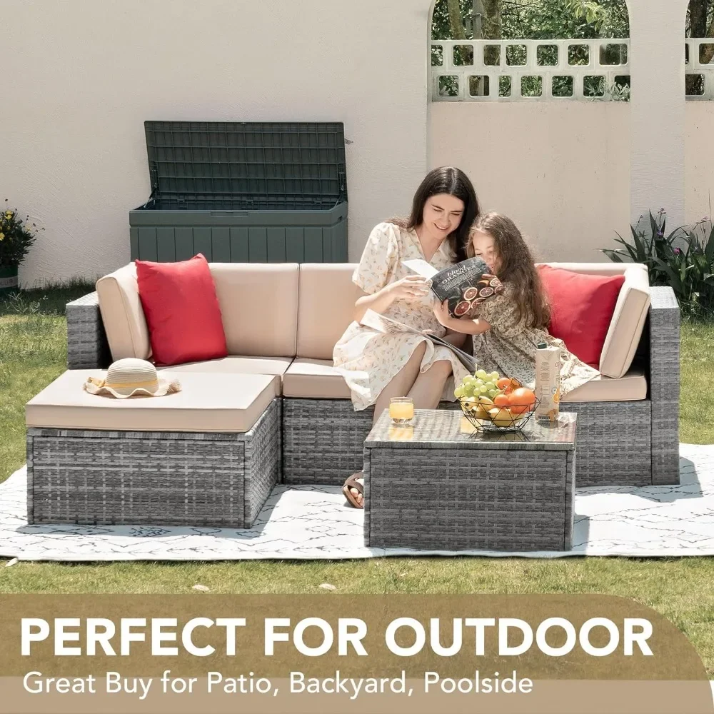 Sets Outdoor Sectional Sofa Manual Weaving Rattan Wicker Patio Conversation Set with Cushion and Glass Table