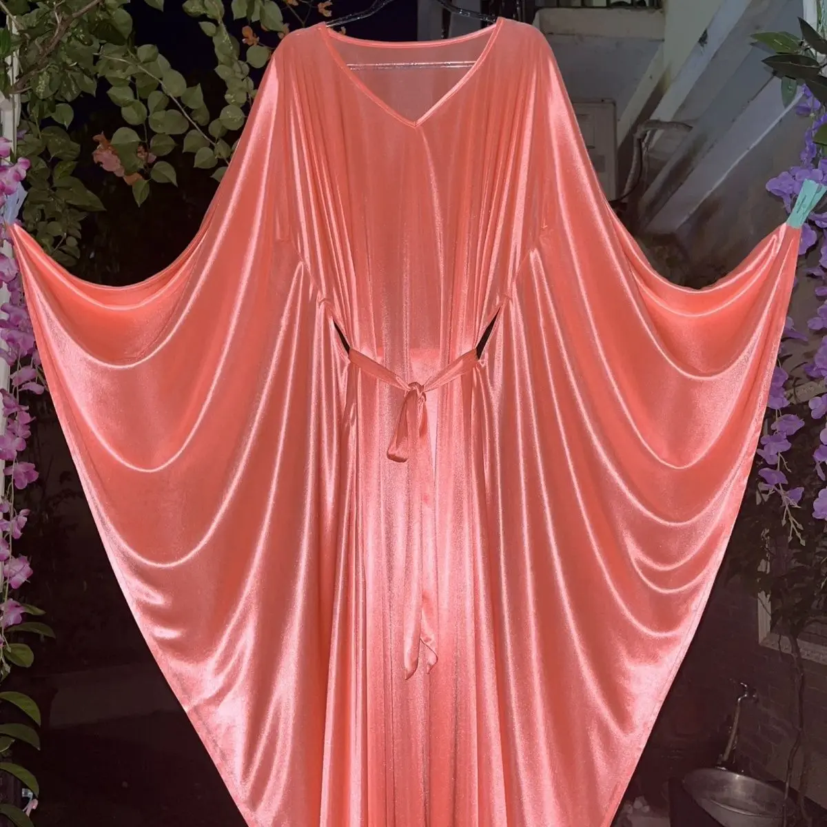 

Glossy Batwing Sleeve Satin Long Dress Sexy Women Loose Night Dress Plus Size Sleeping Robe