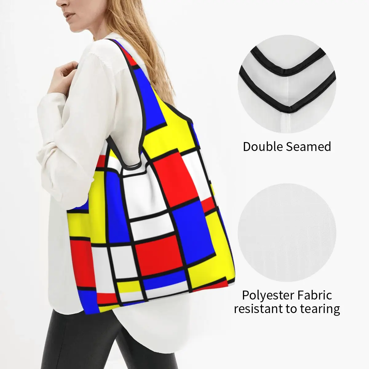 Cute Geometric Modern Mondrian Shopping Tote Bags Portable Color Art Plaid Groceries Shopper Shoulder Bag