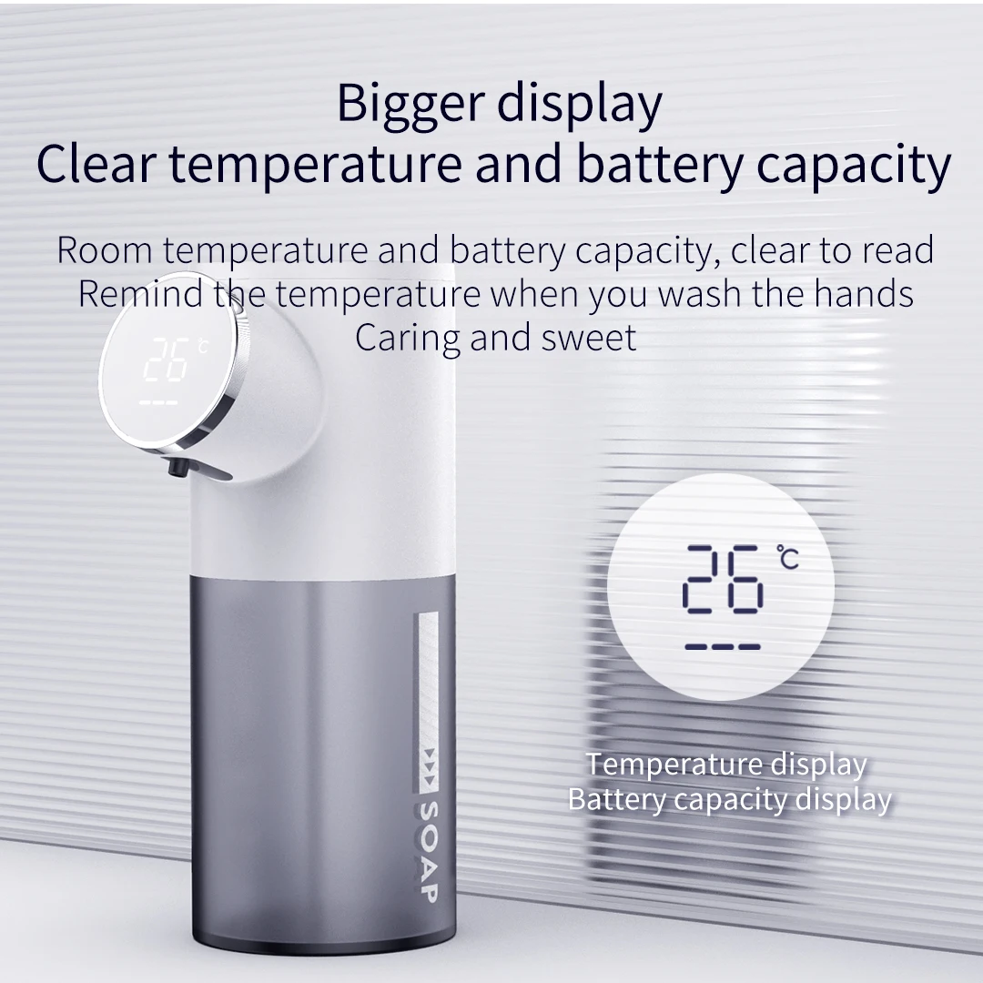 320ML Bathroom LED Temperature Digital Battery Display Hand Free Foaming Stainless Wall Mounted Foam Soap Dispenser