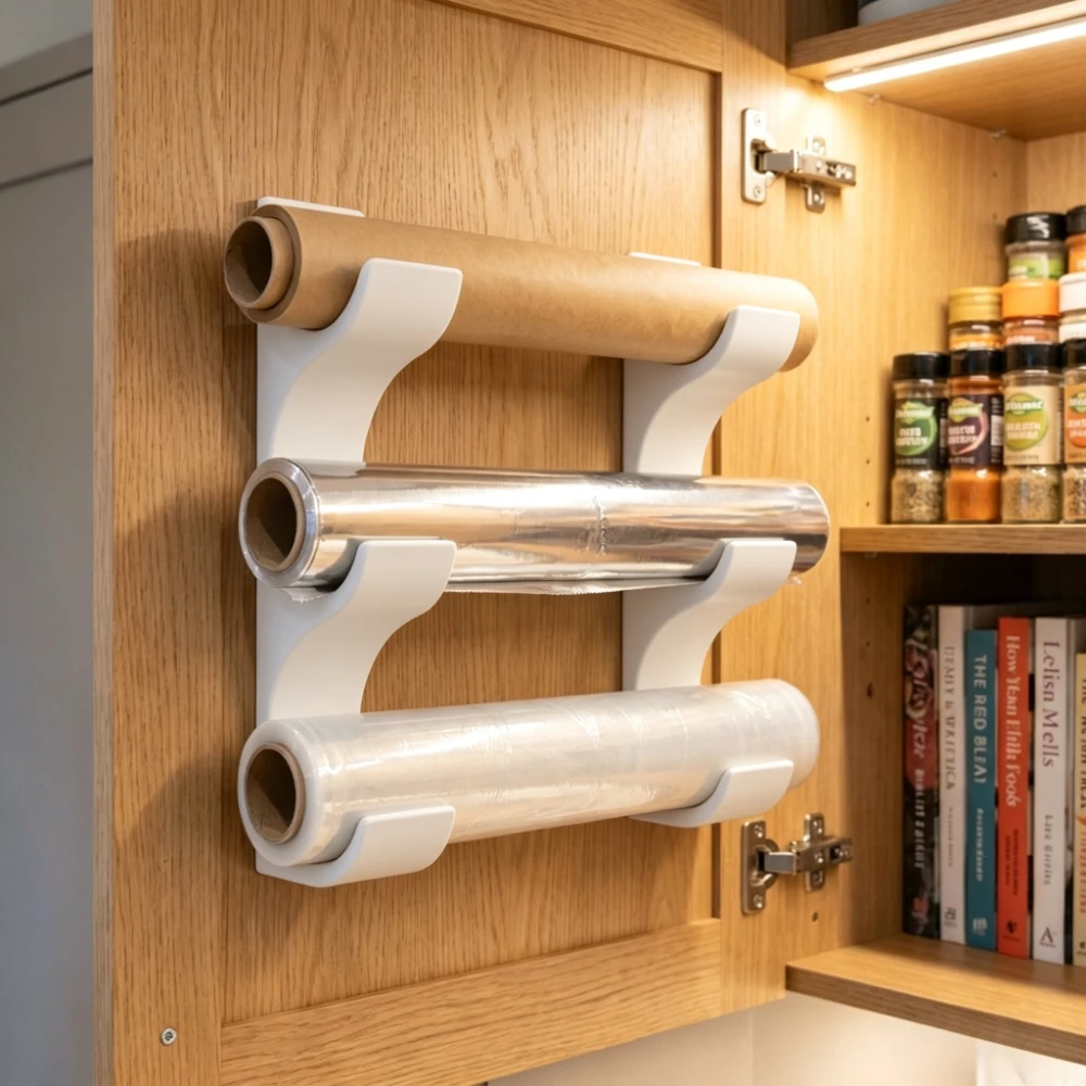 2 packs, capable of holding 3 rolls of kitchen paper/food wrap/tin foil wall-mounted holders, storage rack