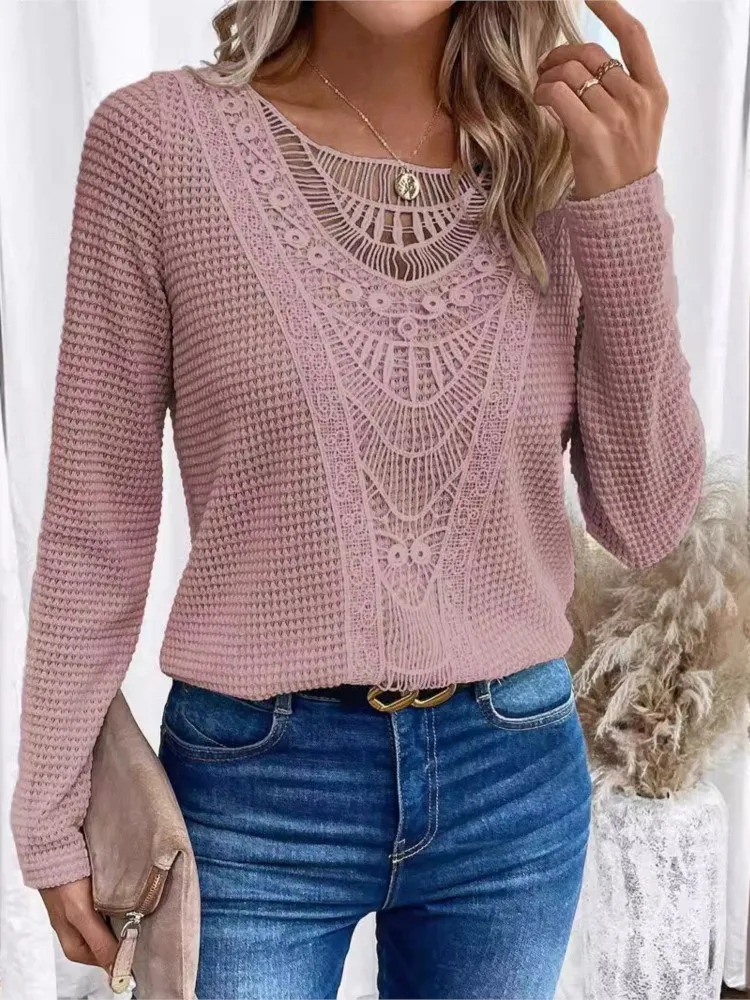 Autumn Winter New Knitted Long Sleeved Women\'s T-shirt Casual Loose Mesh Stitching Fashion Solid ColorFemale Office Knitted Top