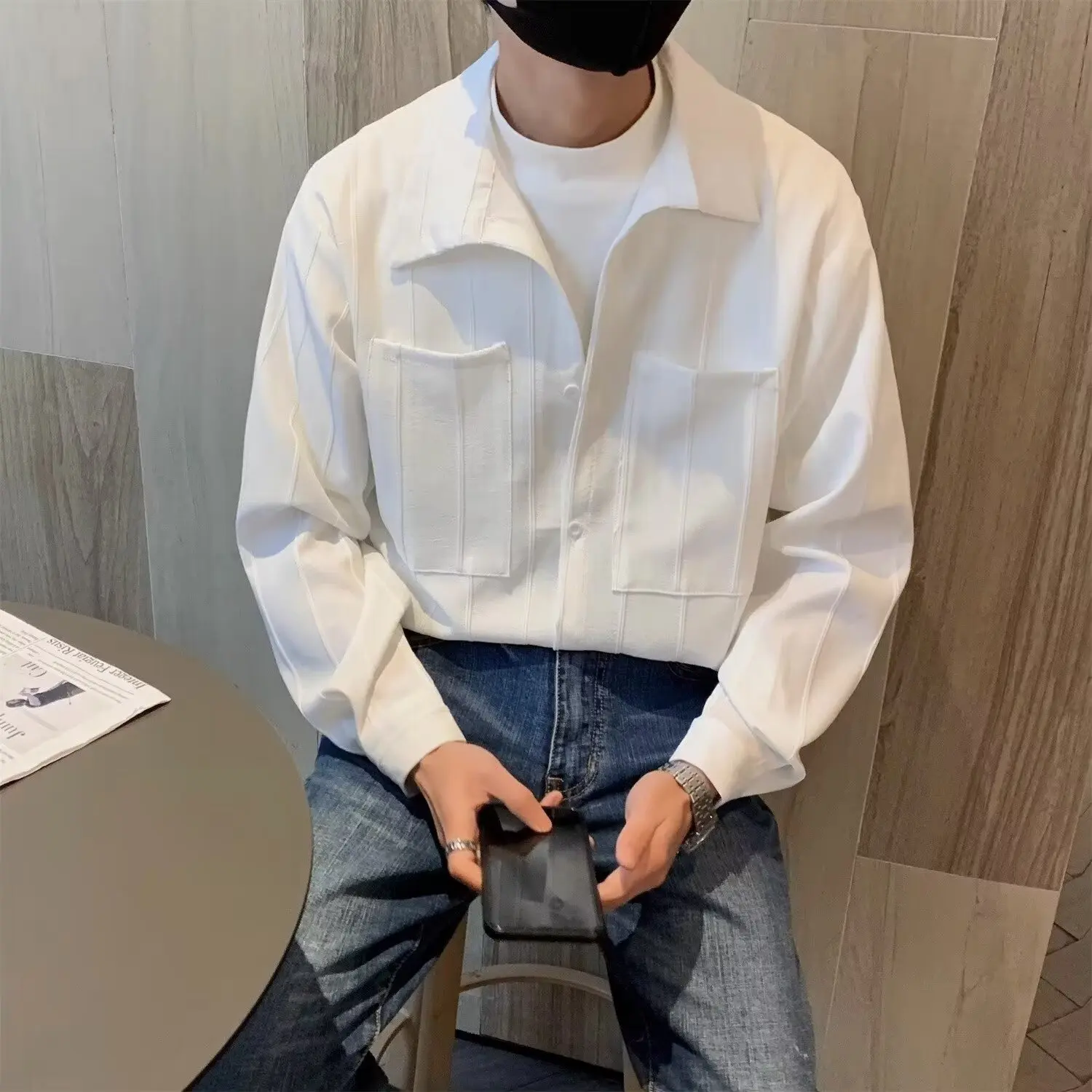 Spring Summer Men's Long Sve irt Drapey Pleated Loose Fit Pure Color Youthful Trendy Button down No Iron Required