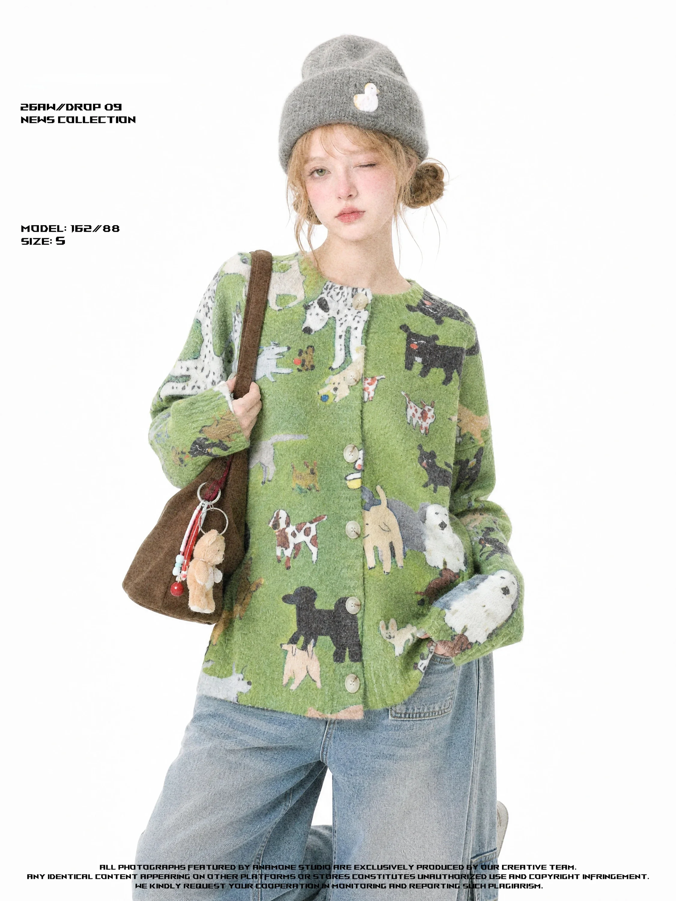 ANAMONE Women's Green Knitted Sweater with Dog Print Open Cardigan Style round Neck Cute Dog Design Autumn Collection