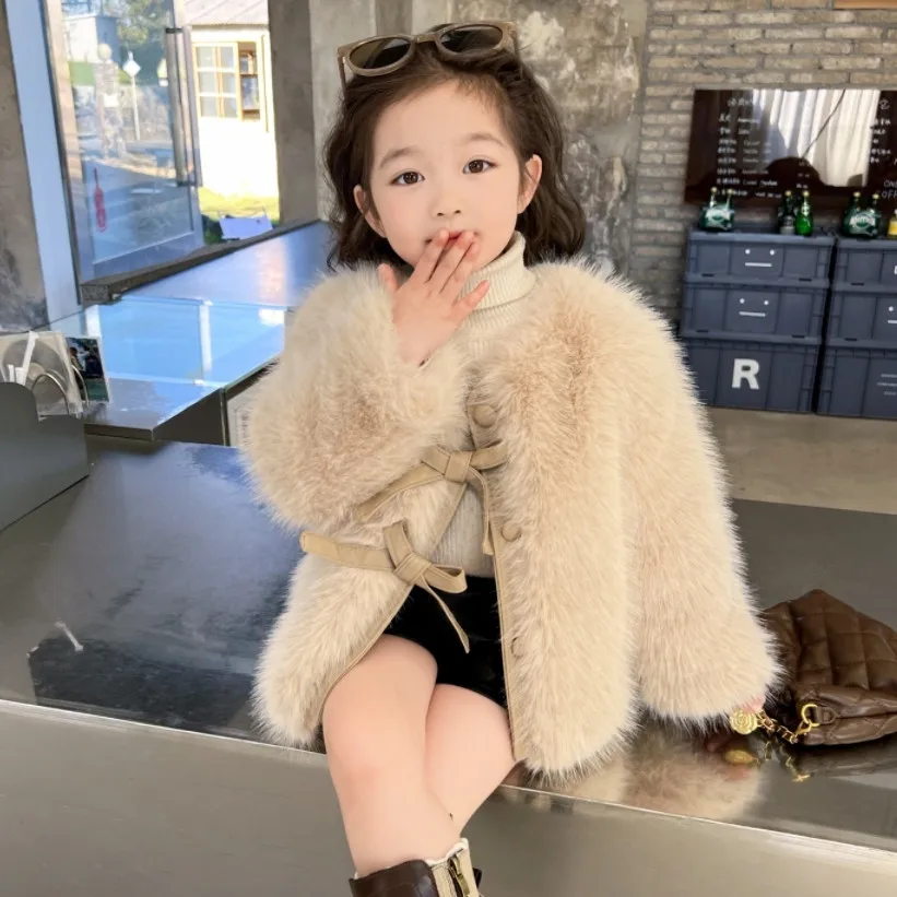معطف فرو للفتيات الصغيرات للخريف والشتاء سترة جديدة أنيقة من فرو اللؤلؤ السميك للأطفال مقاس 90-150 سم