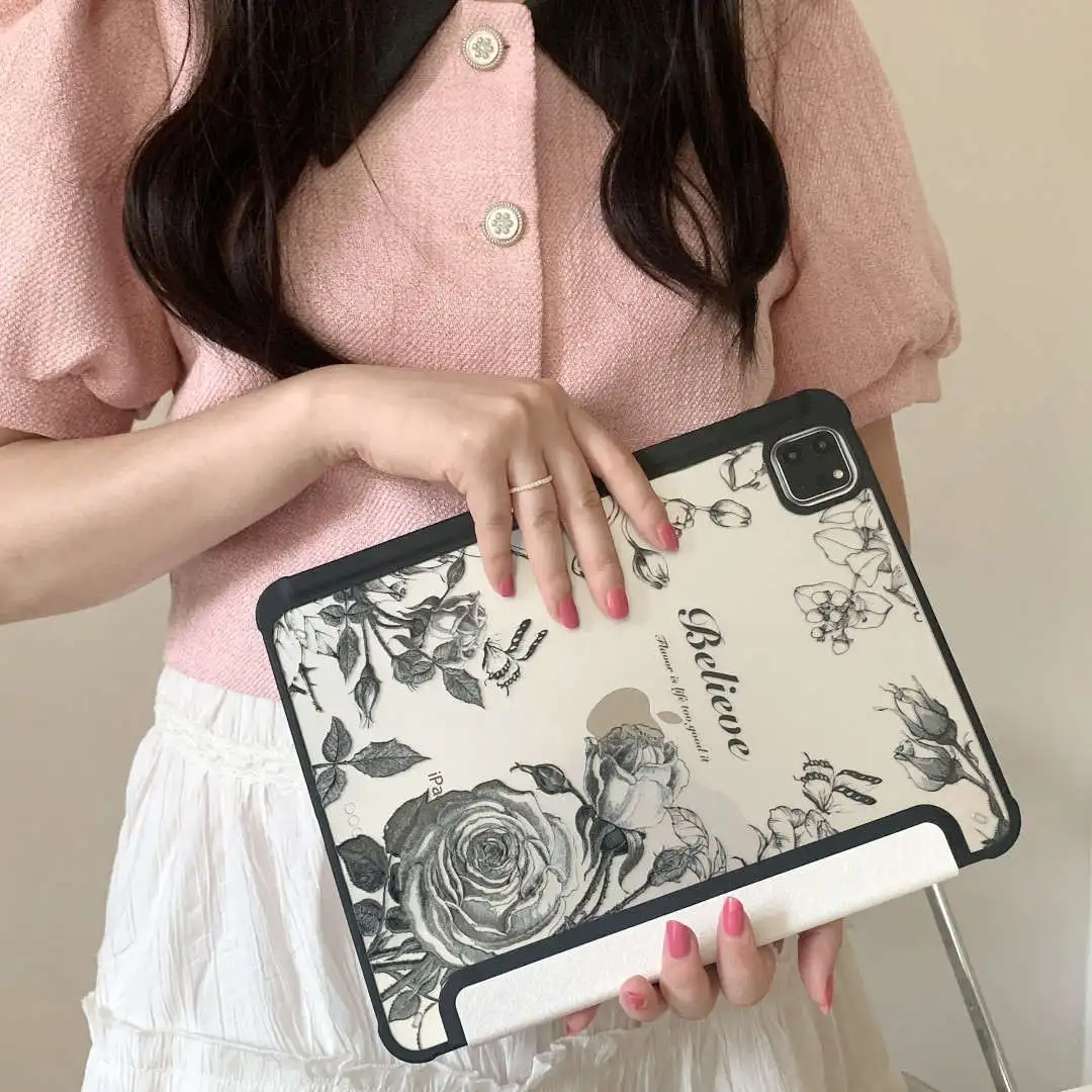 French Vintage Flower With Pencil Holder Funda for iPad 10.2 iPad Air5 4th Gen 10.9 iPad Pro 11 9.7 8 9th Air3 pro10.5 10th Case