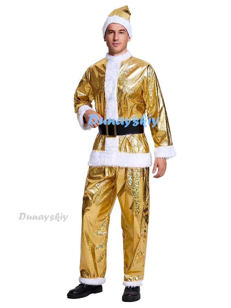 Gold Christmas Santa Claus Costume Men Gold Beard Top Cloth Pants Hat Belt Beard Halloween Dress Up Suit Cosplay Festival Outfit