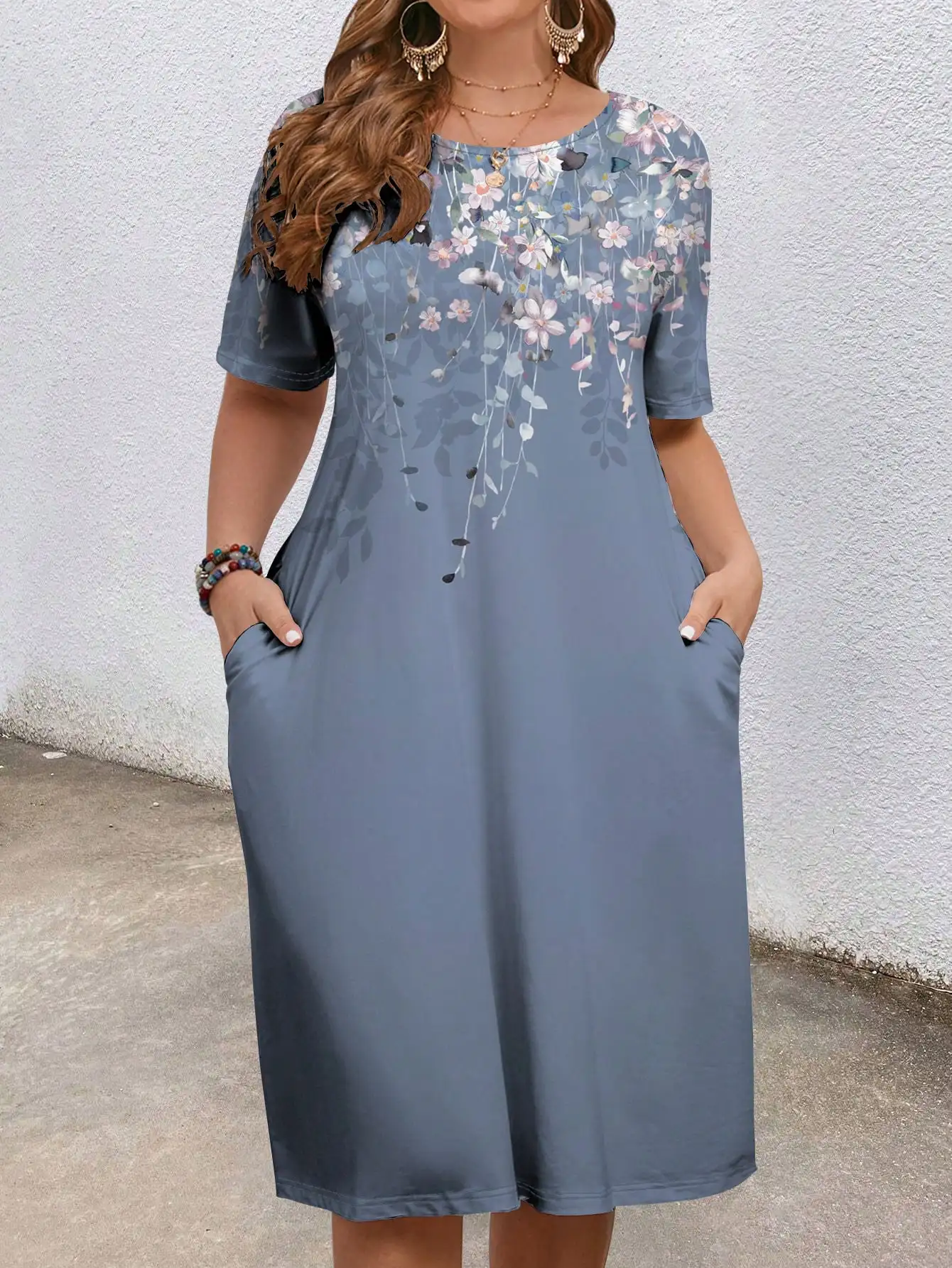 

Plus Size Casual Elegant Ombre Floral Print Midi Dress for Spring Summer