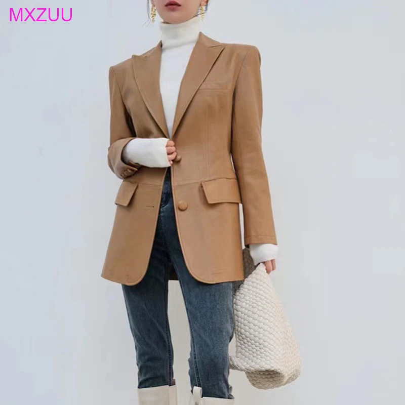 Leather Suit Jacket Spring Autumn Women Fashion Waist Closing Slim Camel/Apricot Sheepskin Coat Blazer Mujer Lederjacke Damen