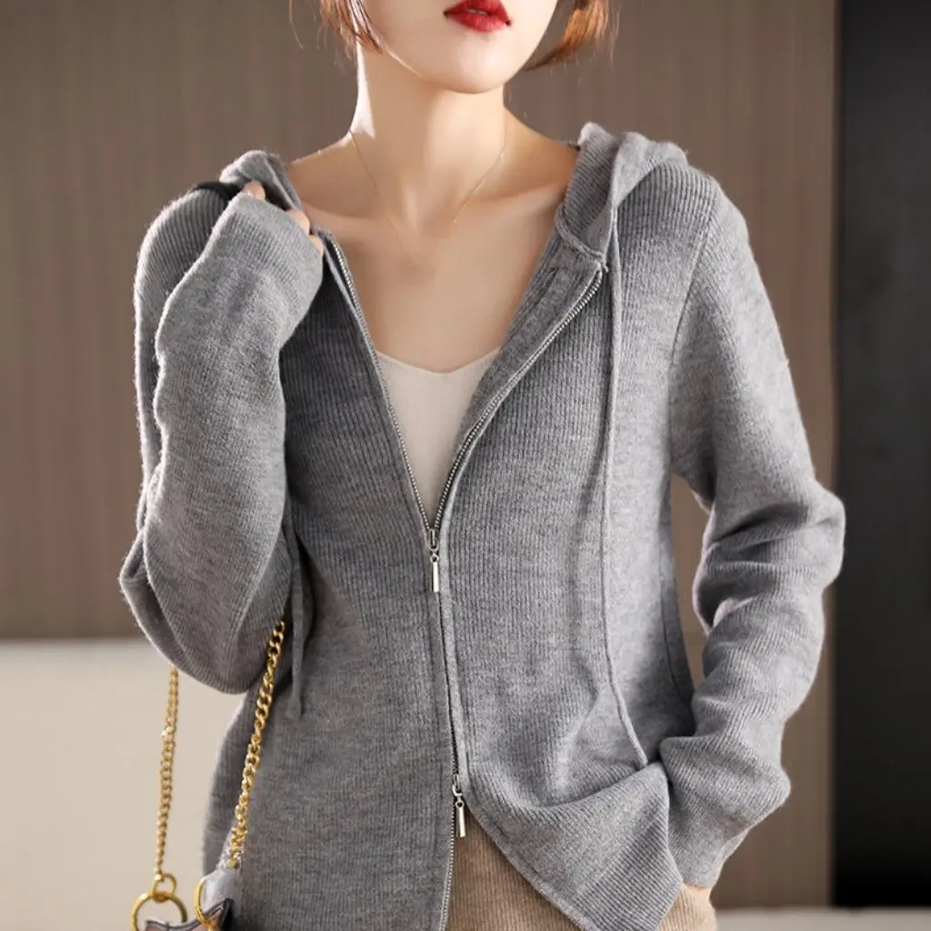 

Women's Harajuku Style Double Zipper Knitted Cardigan Casual Simple Hooded Sweater Autumn Winter Outwear