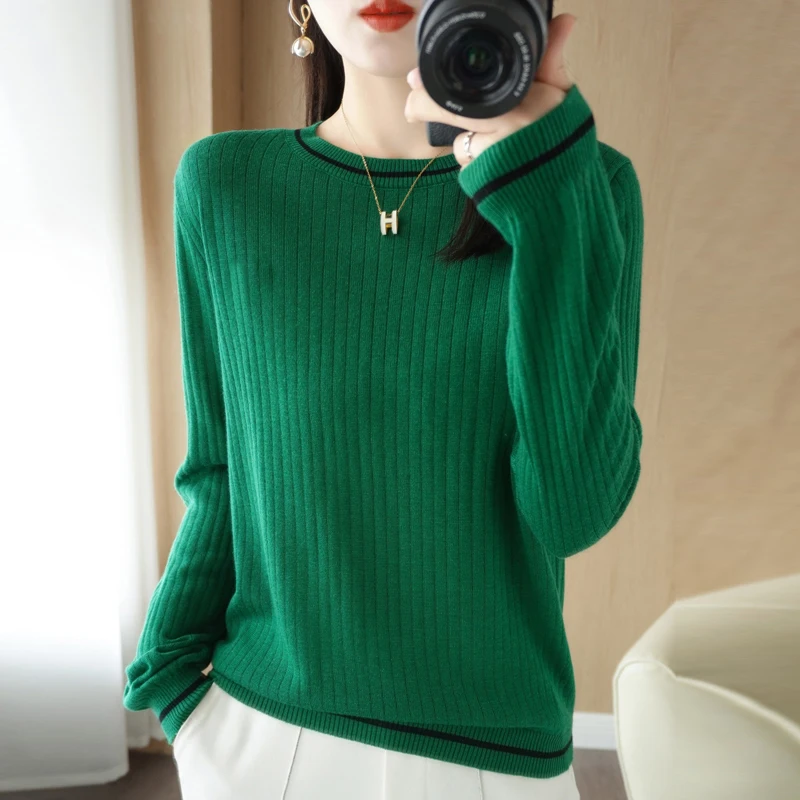 Women's Sweater 2022 New Autumn Winter Knitted Pullovers Round Neck Slim Fit Bottoming Shirt Color Blocking Soft Knitwear