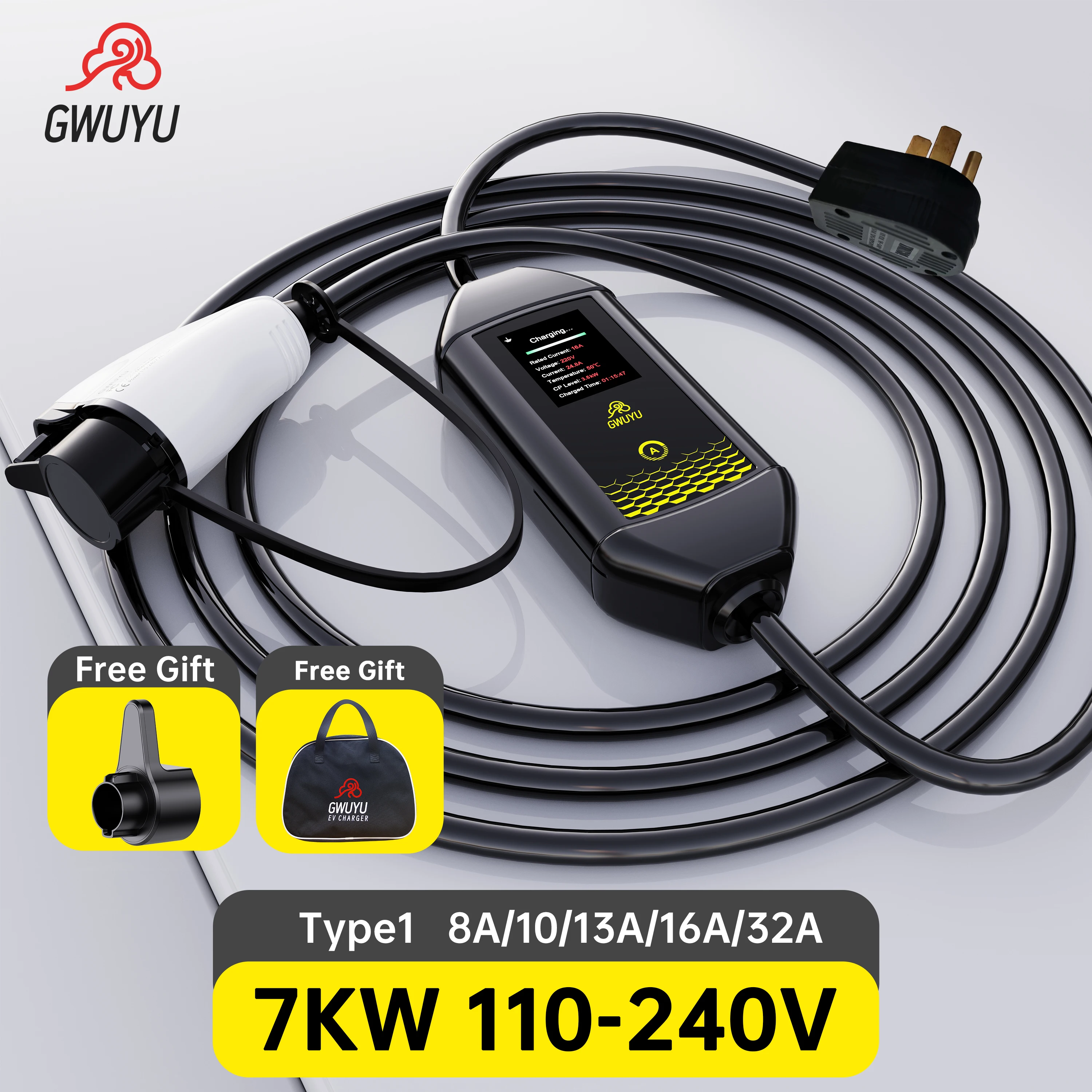 Зарядный кабель GWUYU 110-240 В/32 А/3,5 кВт, тип 1, 2,8 м