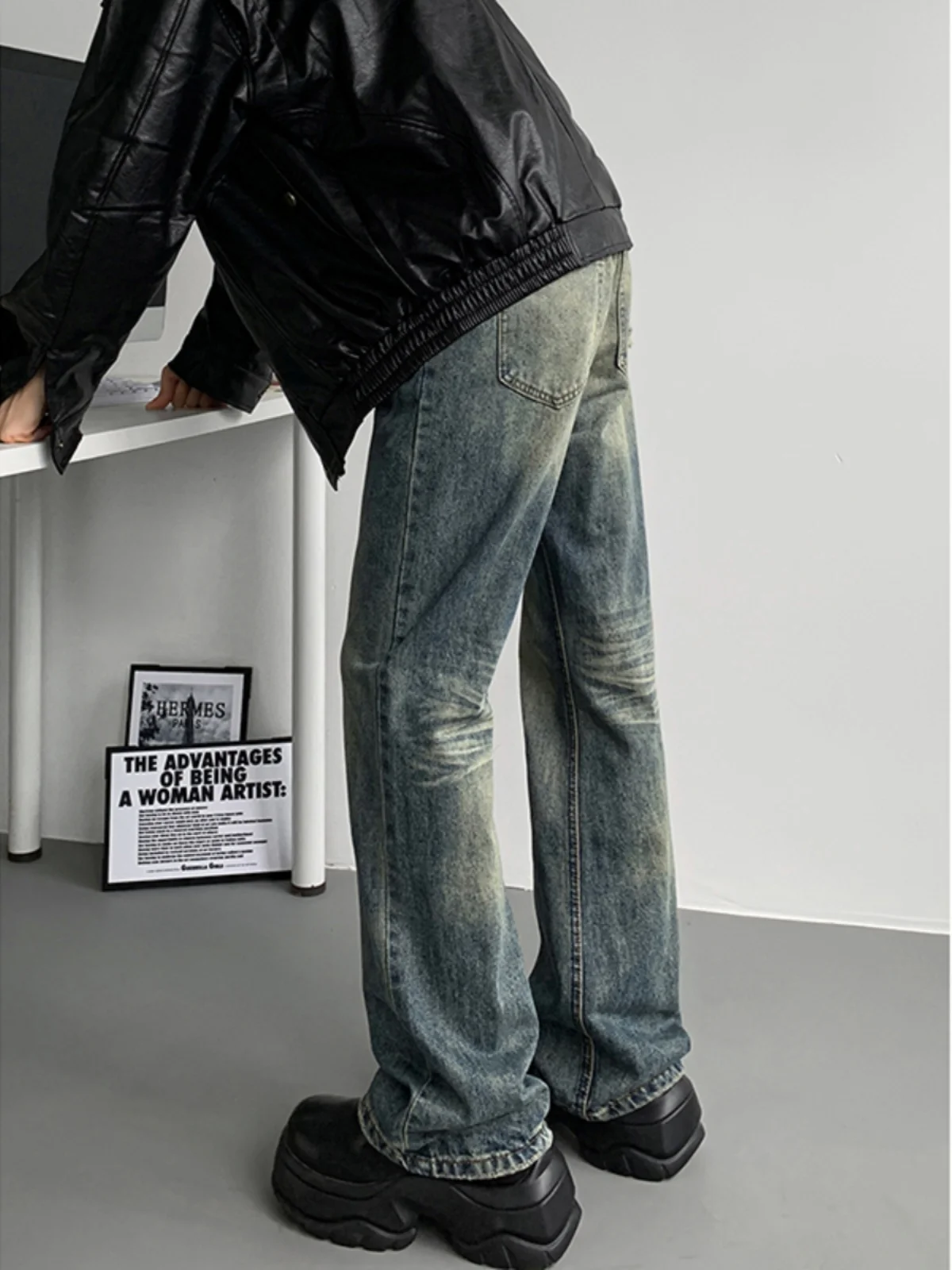 

Retro American Flared Jeans Men's Autumn Winter Elastic Slim Fit Cool High Waist Fce Lined Narrow Straight Leg Jeans