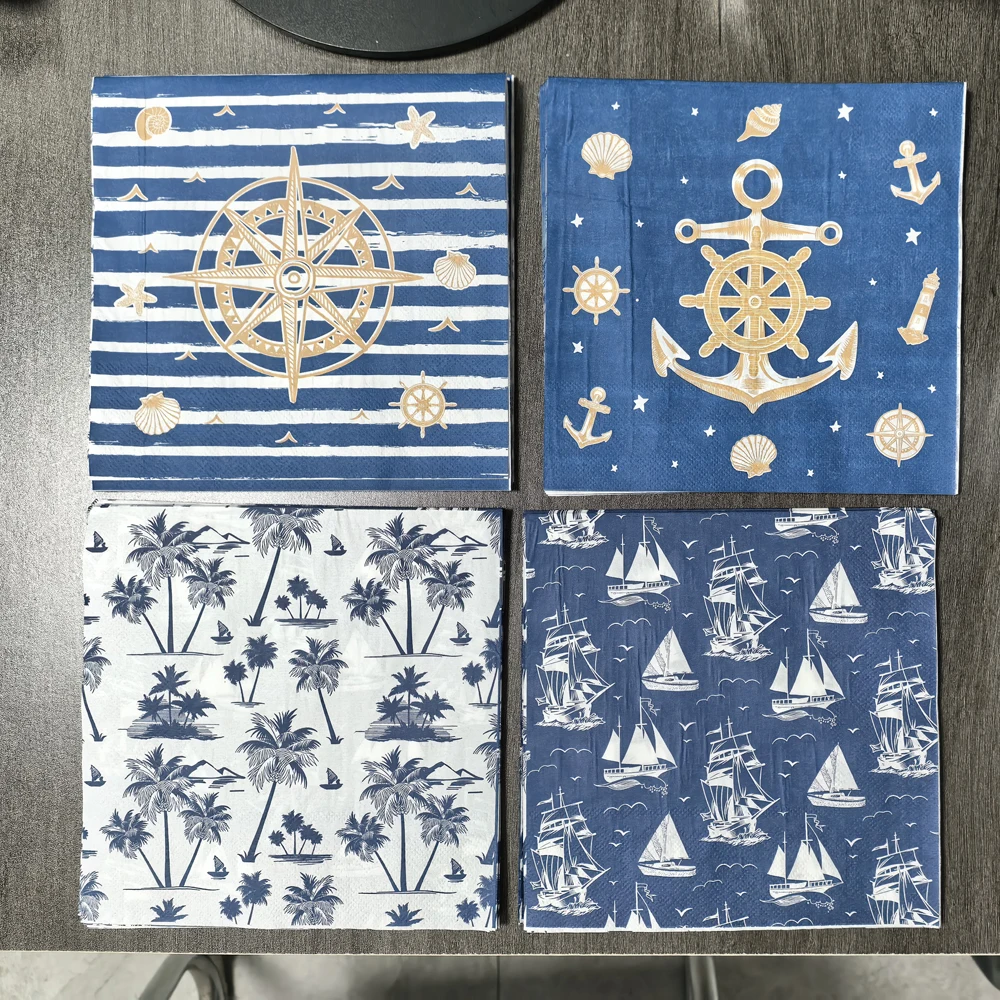 20-200pcs Nautical Anchor Sailboat Disposable Paper Napkins Navy Blue Cocktail Napkins Sea Nautical Theme Birthday Party Decors