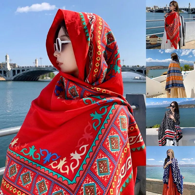 Women Shawl Travel Ethnic Style Cotton Linen Sun Protection Beach Cape Desert Sun Protection Cape Sun Protection Scarf Silk