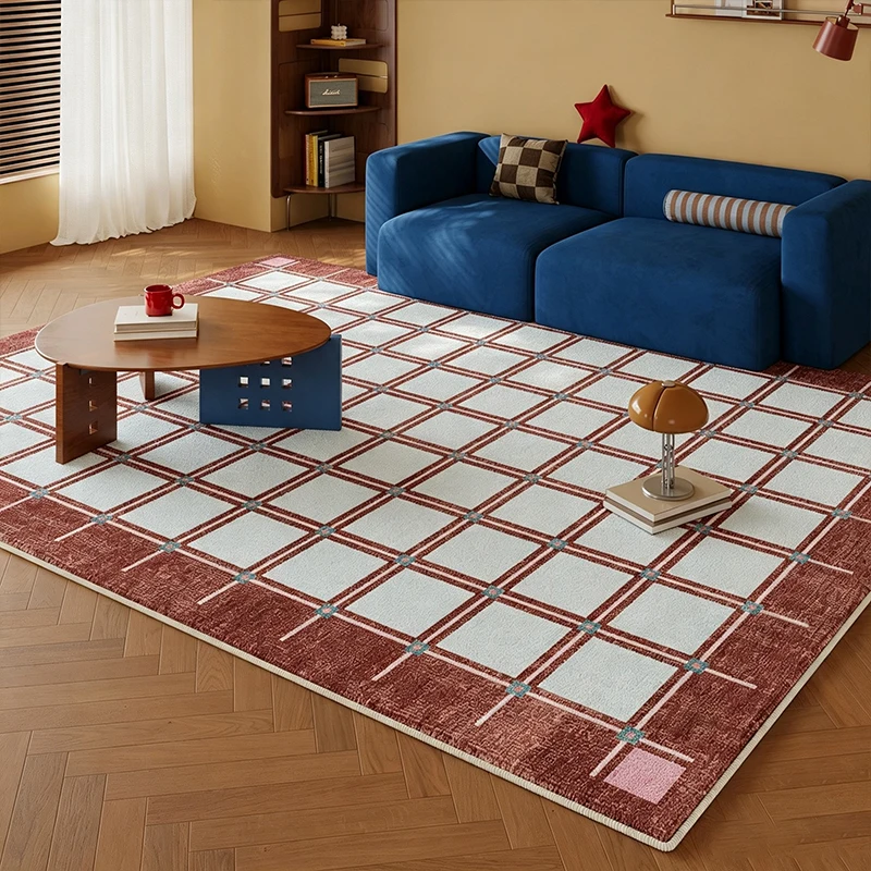 Carpet for Living Room Comfortable Loop-pile Floor Mat Large Size Retro Style Color-block Checkered Rug Home Decoration Carpets