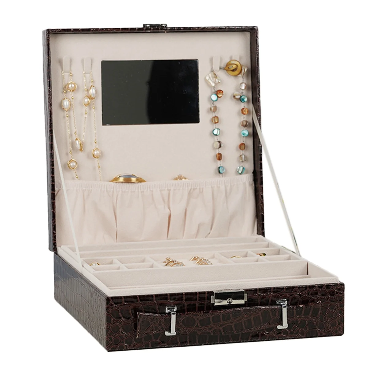 AOA-New 3-Layer Jewelry Box with Lock Pu Leather Earring Box Ring Jewelry Box Jewelry Display Box Jewelry Box Dark Brown