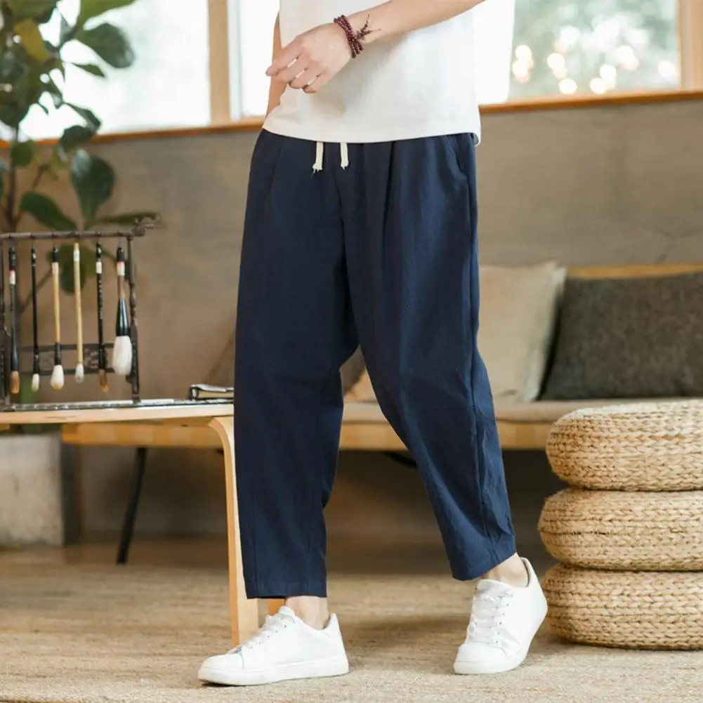 

Men Ninth Pants Loose Straight Drawstring Elastic Waist Pockets Breathable Ankle Length Casual Sweatpants Daily Long Trousers