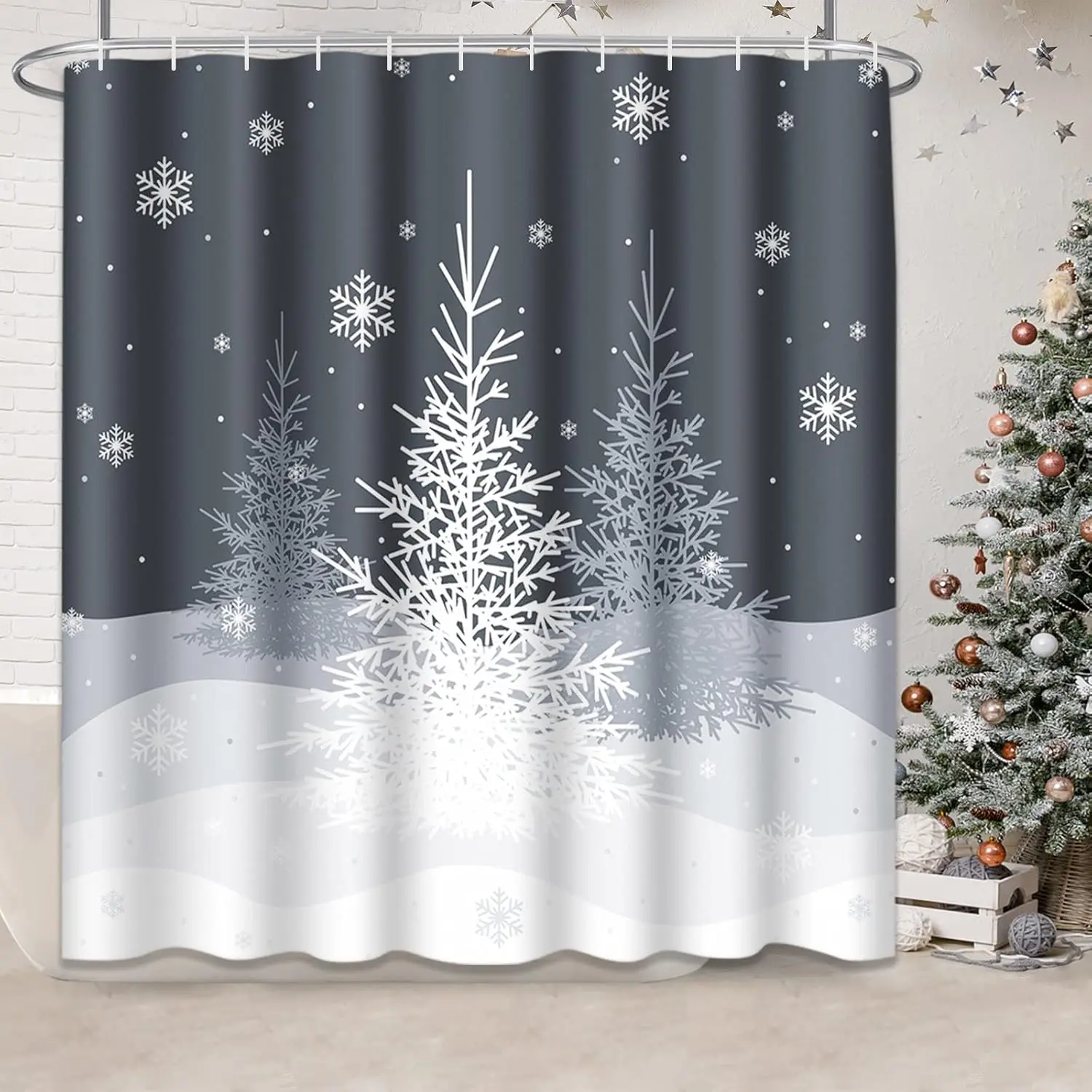 

Рождественская занавеска для душа, серая зимняя рождественская елка, серо-белая снежинка, водонепроницаемая тканевая занавеска для душа для ванной комнаты, комплект с