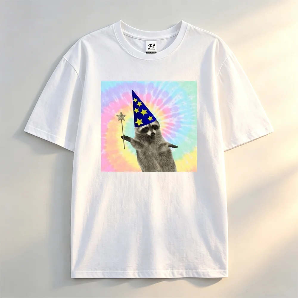Magician Raccoon Meme Graphic T‑Shirt Men Women Casual 100% Cotton Short Sleeve O‑Neck Tees Funny Animal Print Streetwear Tops