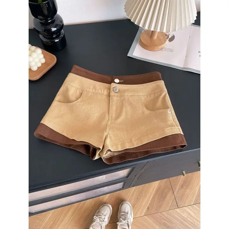 Khaki Denim Shorts Women 2026 New Summer Spice Girls Contrasting Color Double Waist Jean Shorts