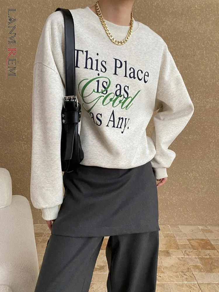 [LANMREM] Vintage Print Design Pullover Sweatshirt For Women Round Neck Long Sleeve Loose Tops 2024 Autumn New Tide 26C517