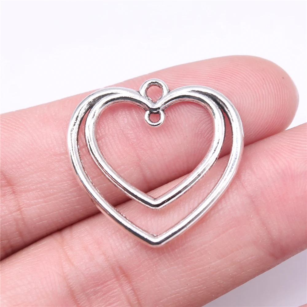 WYSIWYG 10pcs Charms 25x25mm Double Hearts Connector Charms For Jewelry Making DIY Jewelry Findings Antique Silver Color