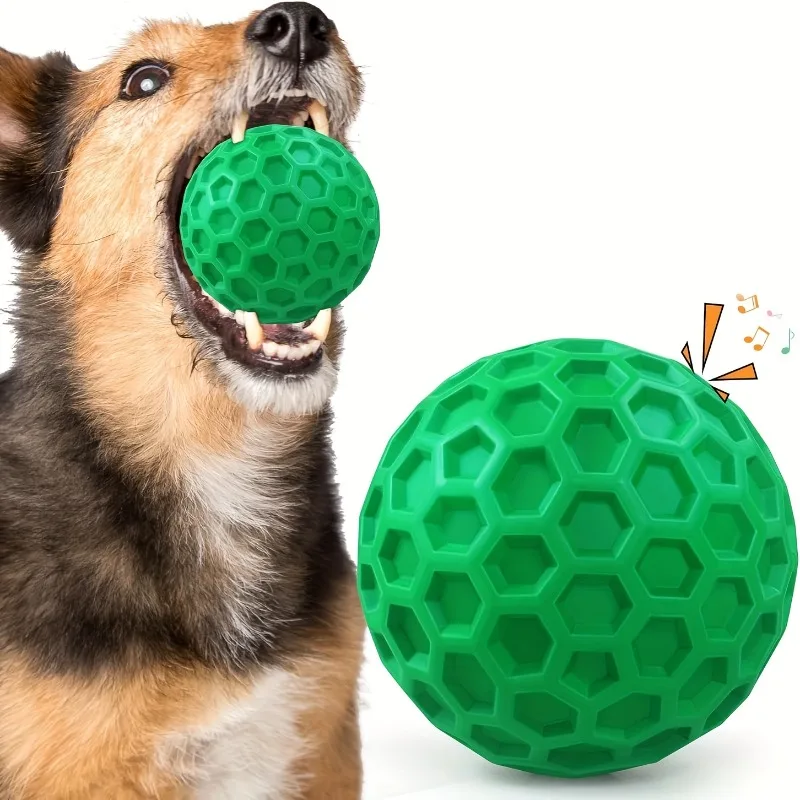 Juguete Masticable para Perros de Caucho Natural Resistente, Pelota Indestructible con Sonido para Masticadores Agresivos, Sabor a Carne, Diseño Hexagonal, Salud Dental