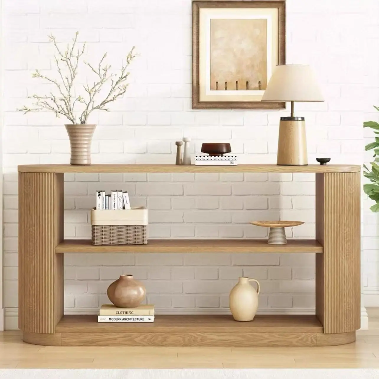 Country entrance table Oak open storage multi-layer storage table Villa sofa side table exit