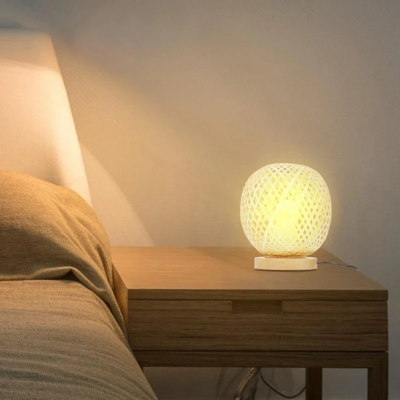 

Bamboo Rattan Table Lamp Japanese Style Bedside Lamp Desk Lamp Bedroom Diy Decoration EU Plug