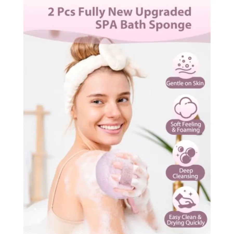 Loofah Sponge, 2 Pack Mesh Bath Sponges for Shower, Soft Exfoliating Body Scrubber with Hanging Rope, Rich Lather Bath Sponge,