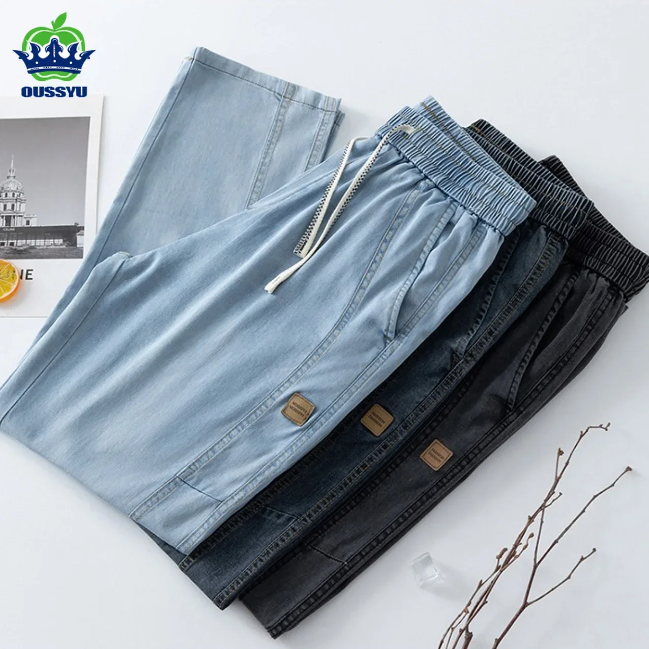 Luxury Summer Thin Soft Lyocell Fabric Jeans Men Straight Denim Pants Work Blue Casual Cargo Joggers Trousers Plus Size M-5XL