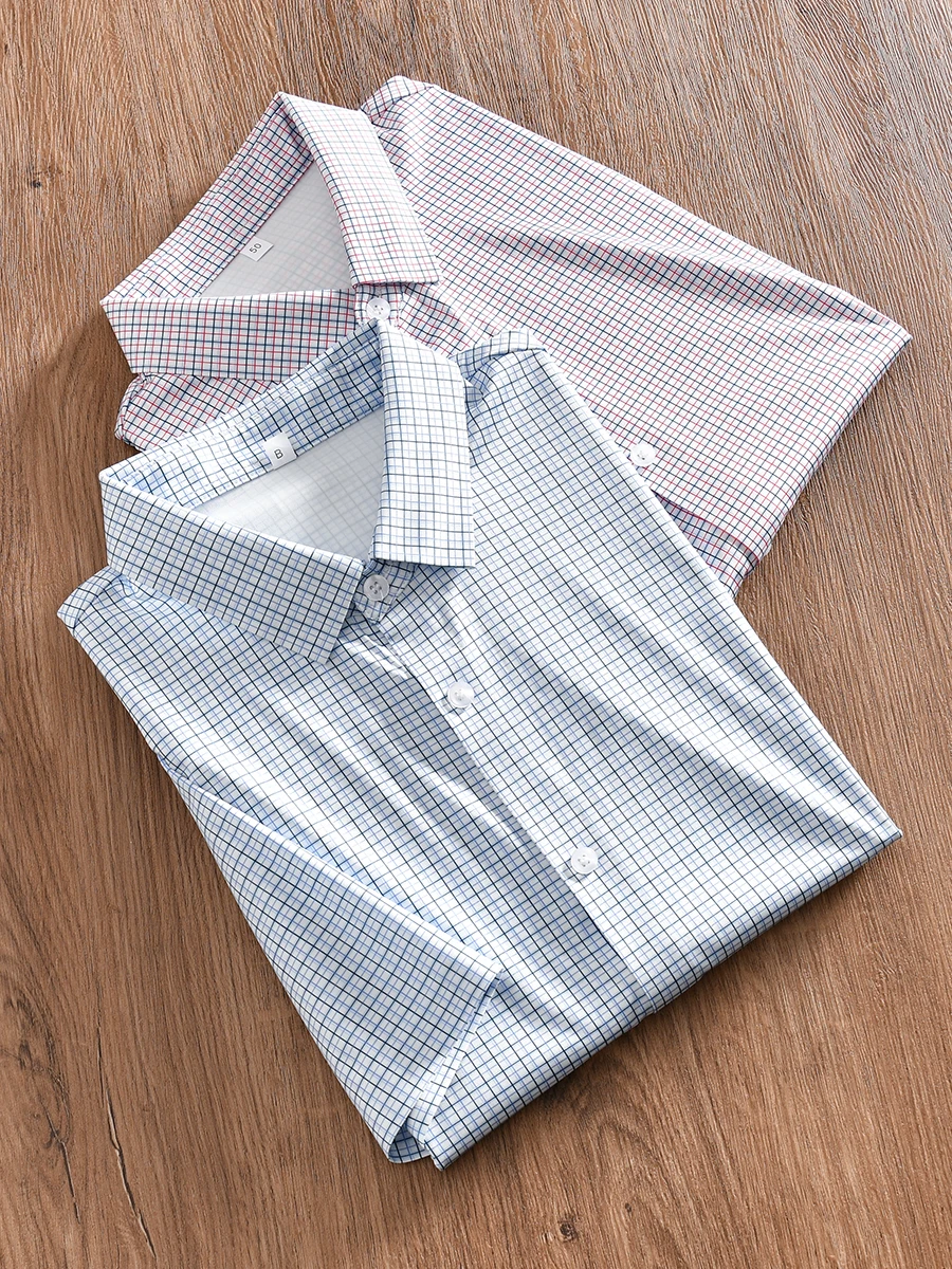 

Skin-friendly Breathable Summer Men's Business Fashion Plaid Casual Short Sleeve Shirt Standard Fit Polyester Fiber Sharp Collar