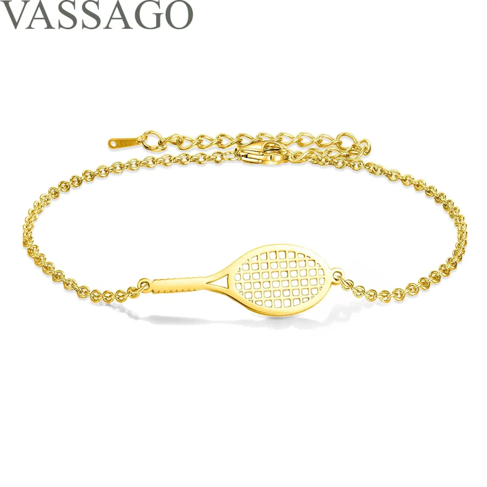 VASSAGO Tennis Racket Bracelet Dainty Adjustable Tennis Racket Charm Layering Sport Bangle Bracelet Lover Jewelry Tennis Gifts