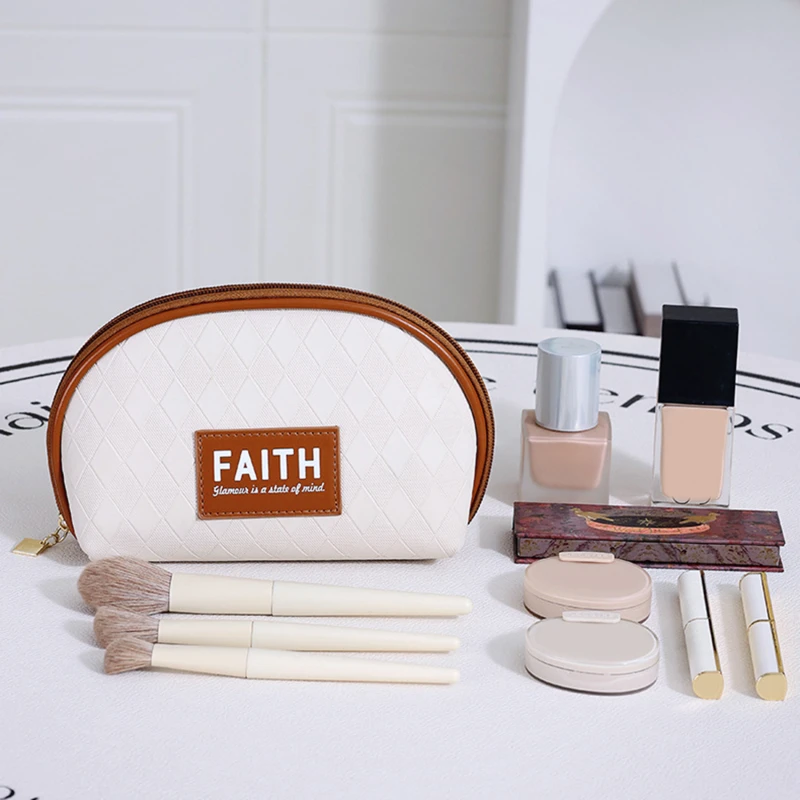 Letter Leather Lattice Cosmetic Bag Half-round Large Capacity Shell Shape Makeup Bag Waterproof Simple Lattice Travel Wash Bag