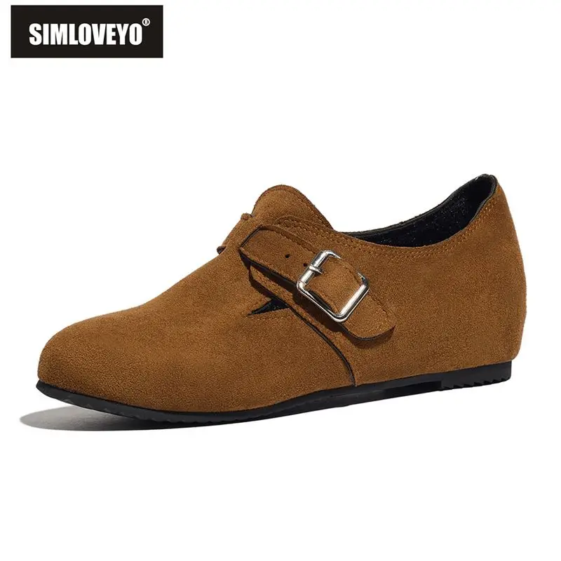 SIMLOVEYO 2026 تصميم جديد مسطح للنساء جولة تو قطيع الجلد المدبوغ الانزلاق على حزام مشبك حجم كبير 41 42 43 الترفيه لينة الأحذية اليومية
