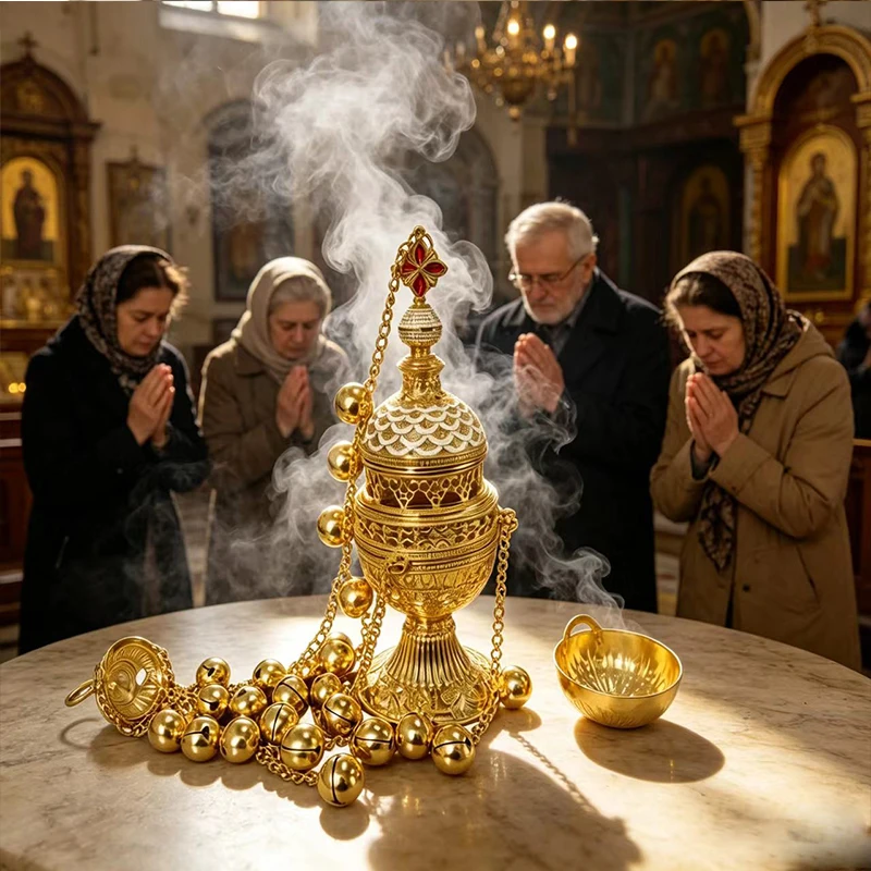 Vintage vergoldeter orthodoxer hängender Weihrauchbrenner mit 24 Glocken aus Emaille für den Heimaltar, Gebet, Andacht, christliche religiöse Dekoration – Detail 3