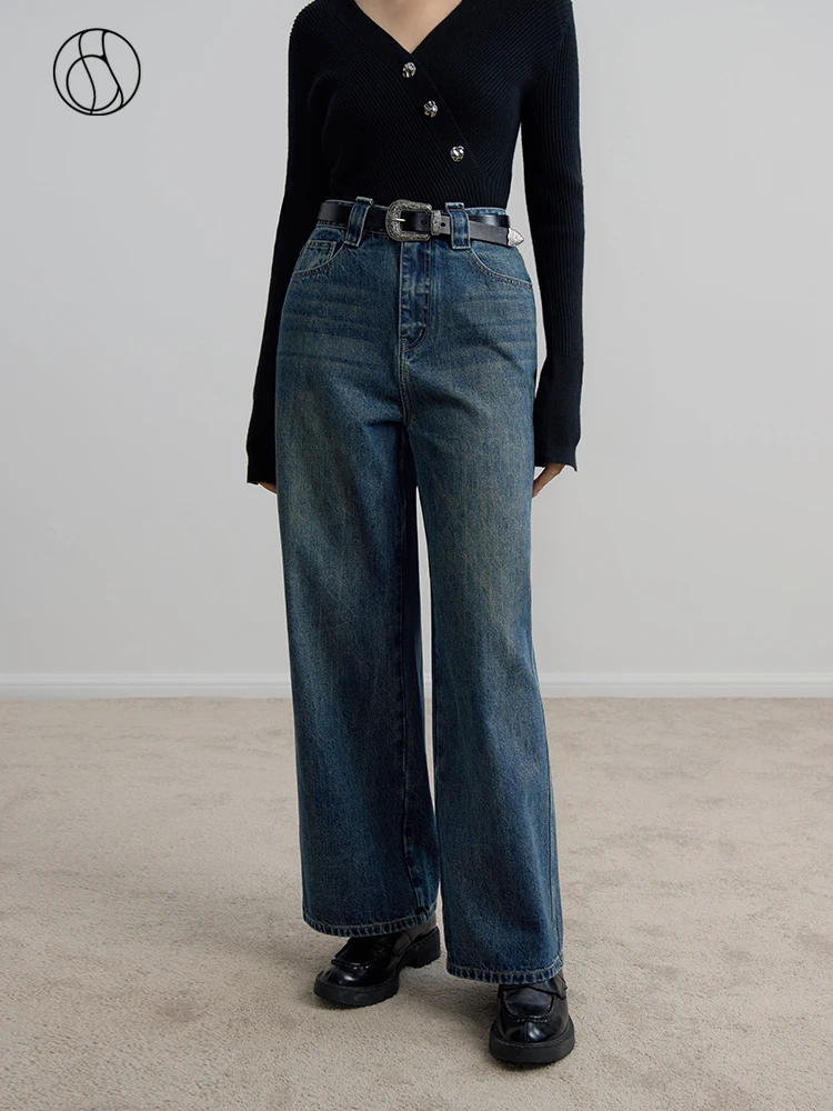 

DUSHU High Waist Retro Denim Blue Women Winter Straight Long Jeans Twill Thick Female White Denim Pants Women Tapered jean