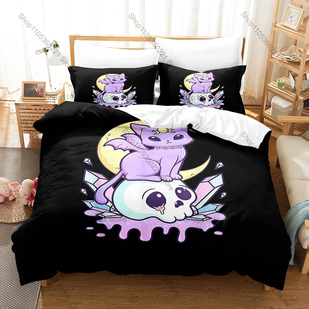 Juego de Ropa de Cama con Diseño de Calavera de Gato en Tonos Pastel, Estilo Gótico, 1 Funda de Edredón + 2 Fundas de Almohada, Estilo Alternativo