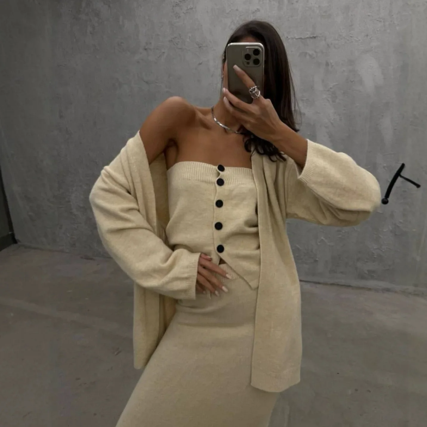 Three Piece Women's Knit Sweater Vest Cardigan Skirt Set Fall Winter Trendy Fashion Classic Cozy Chic Elegant New Luxury Sets