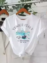 T-Shirt col rond femme, décontracté, manches courtes, lettres imprimées, Y2k, Venise, italie, années 90, printemps été